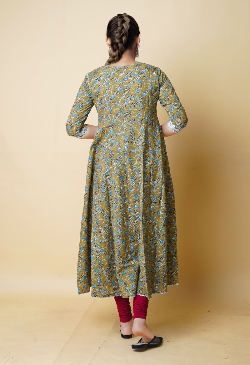 Olive Green Pure Bagru Floral Printed Cotton Kurta-PKK1952