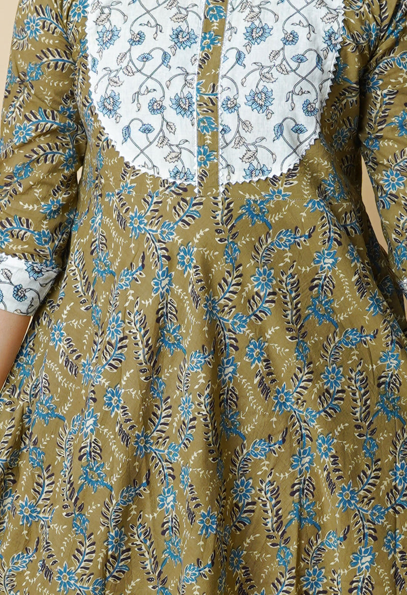 Olive Green Pure Bagru Floral Printed Cotton Kurta-PKK1952