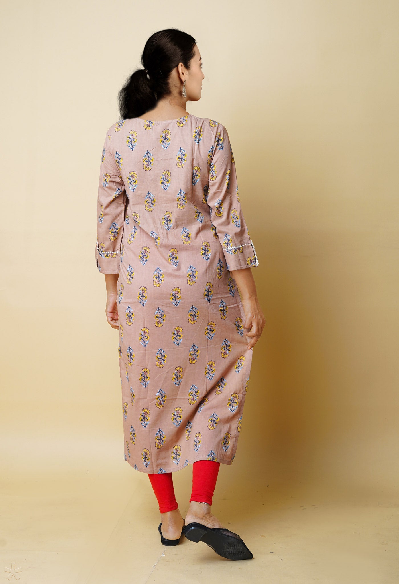 Pale Beaver Brown Pure Bagru Floral Printed With Embroidery Cotton Kurta-PKK1953