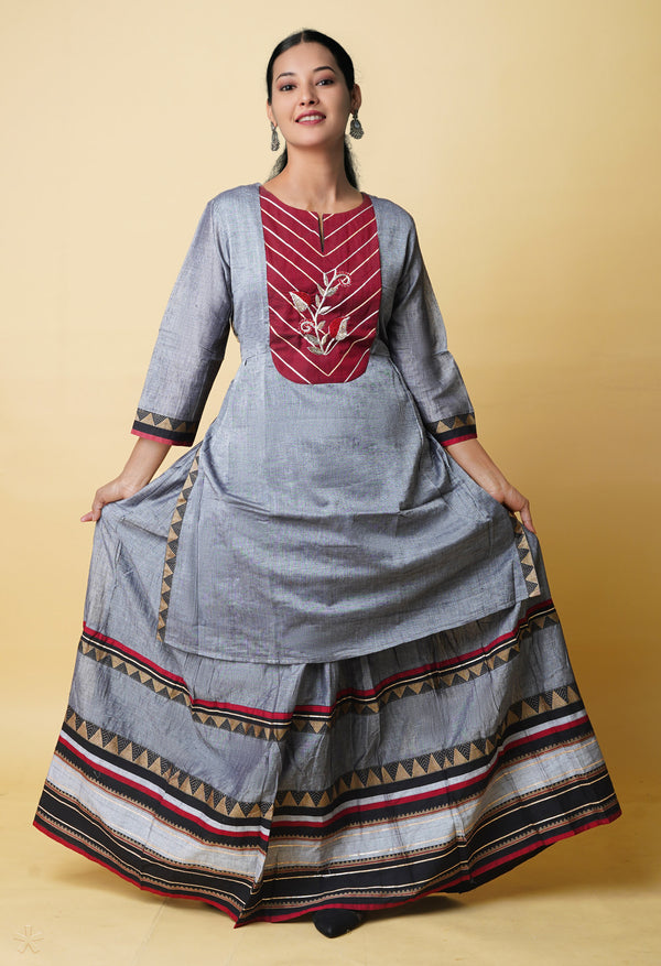 Grey Pure Handloom Pavani Narayanpet Cotton Kurta With Long Skirt -PKK1954