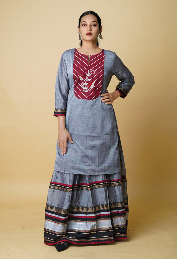 Grey Pure Handloom Pavani Narayanpet Cotton Kurta With Long Skirt -PKK1954