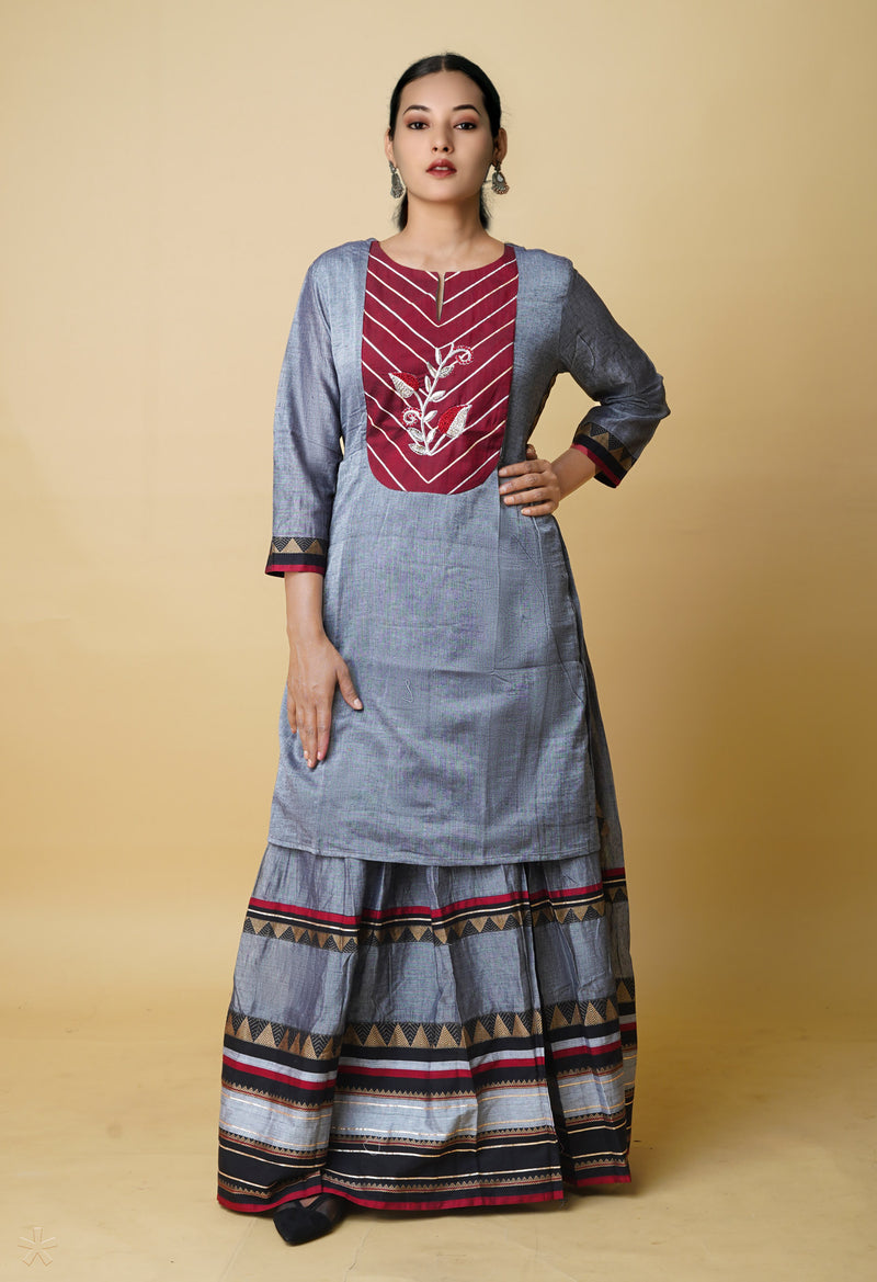 Grey Pure Handloom Pavani Narayanpet Cotton Kurta With Long Skirt -PKK1954