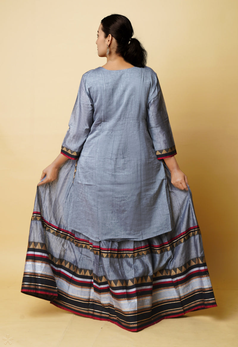 Grey Pure Handloom Pavani Narayanpet Cotton Kurta With Long Skirt -PKK1954