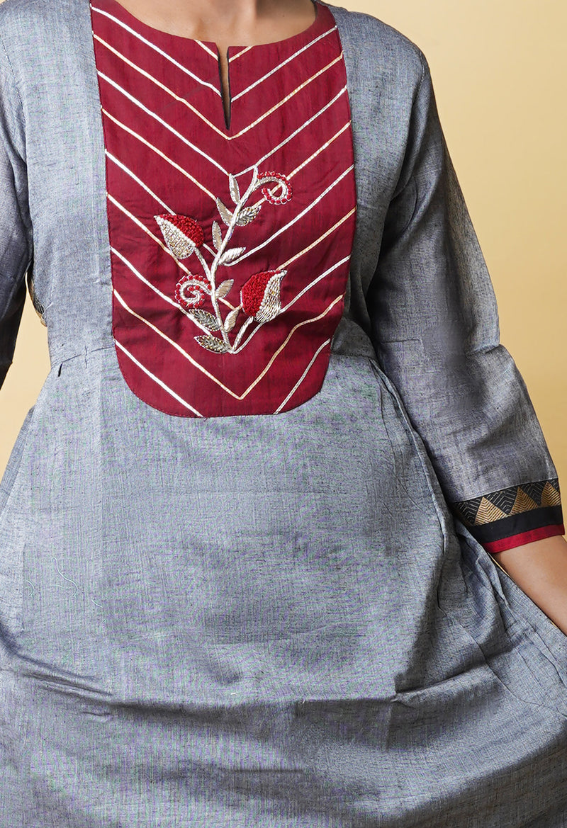 Grey Pure Handloom Pavani Narayanpet Cotton Kurta With Long Skirt -PKK1954