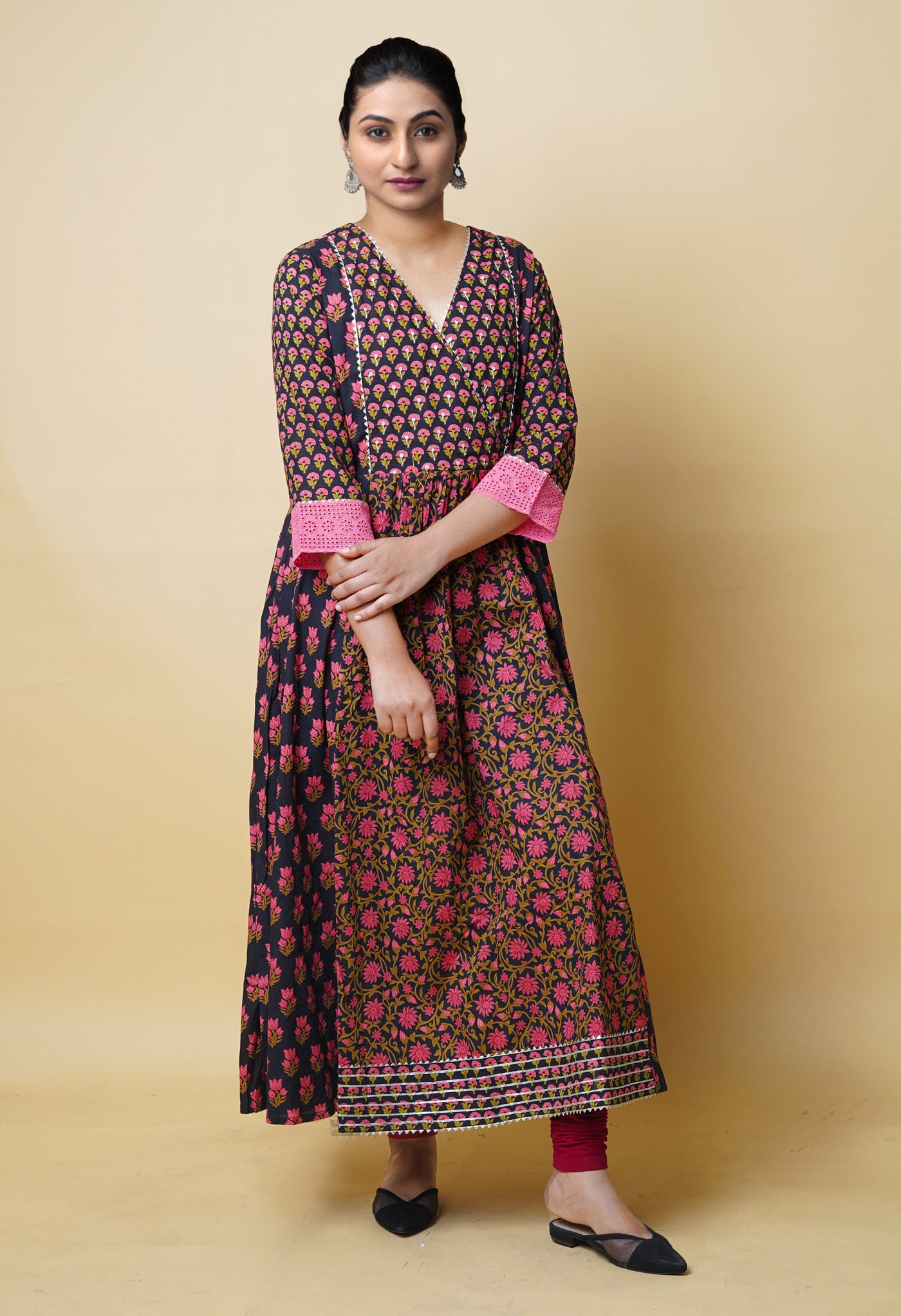 Black Pure Bagru Floral Printed With Embroidery Cotton Kurta-PKK1955