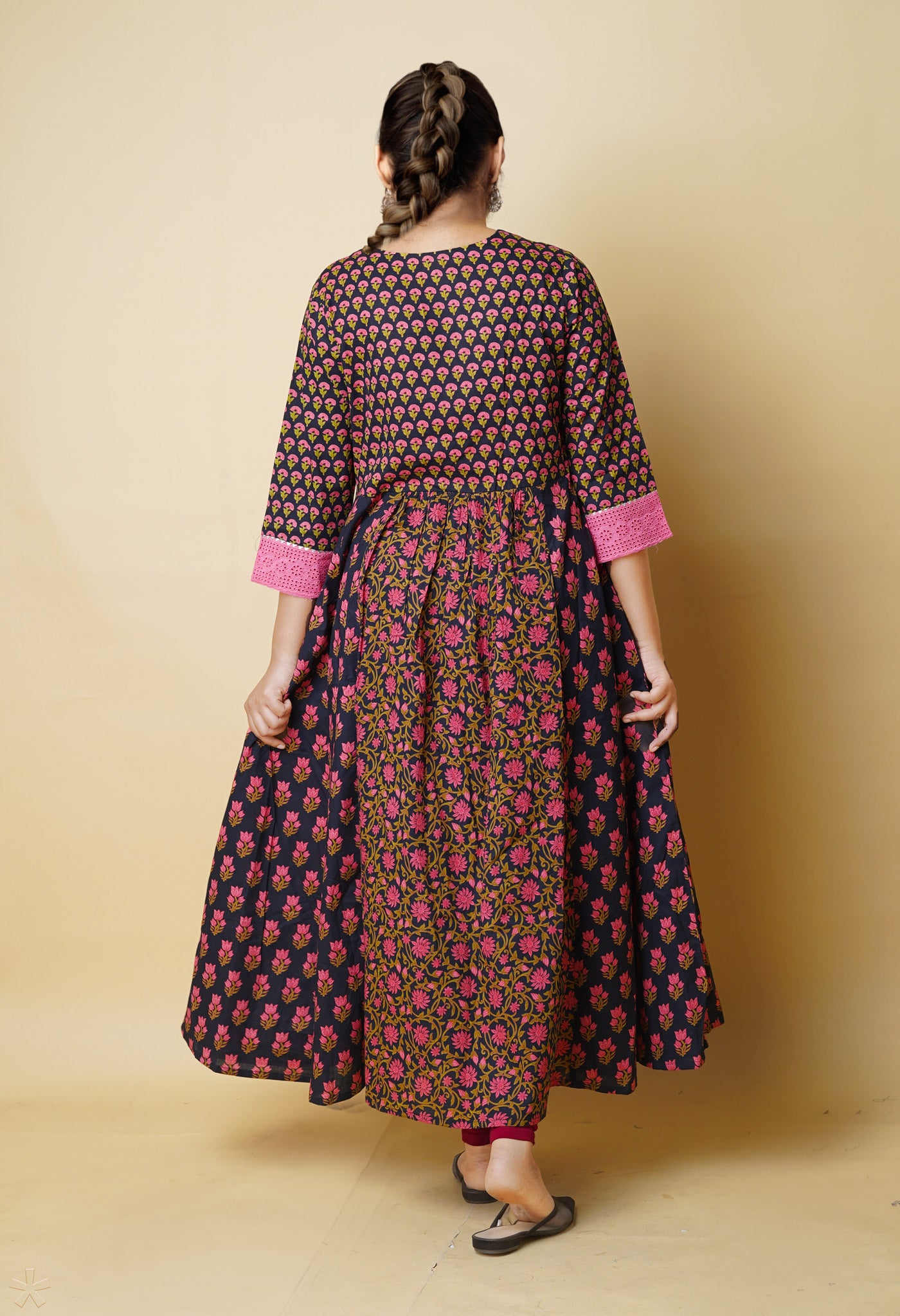 Black Pure Bagru Floral Printed With Embroidery Cotton Kurta-PKK1955