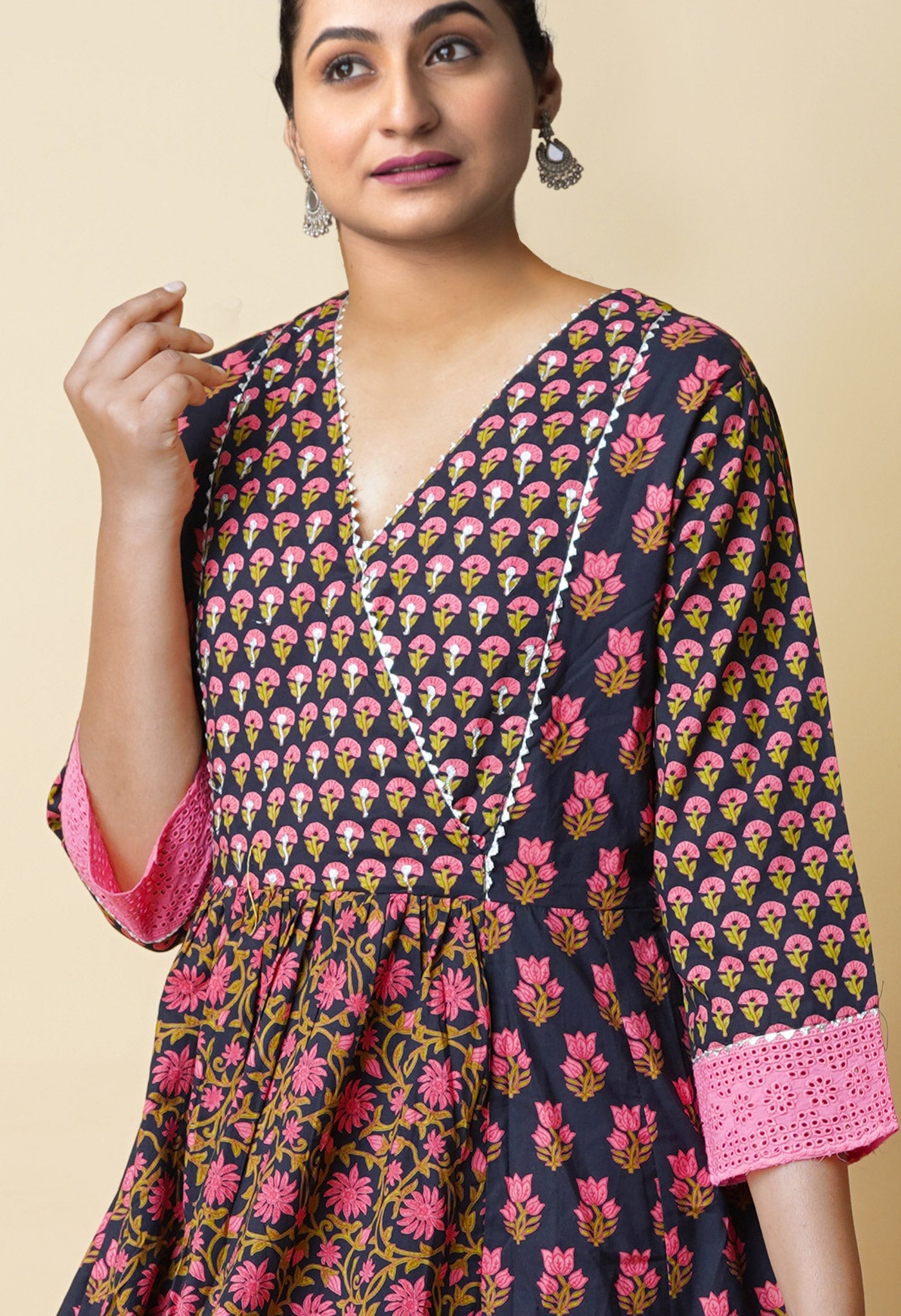 Black Pure Bagru Floral Printed With Embroidery Cotton Kurta-PKK1955