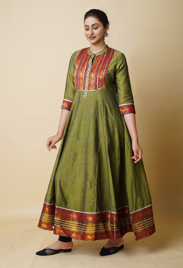 Olive Green Pure Handloom Pavani Narayanpet Cotton Kurta-PKK1921