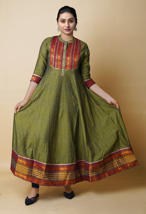 Olive Green Pure Handloom Pavani Narayanpet Cotton Kurta-PKK1921