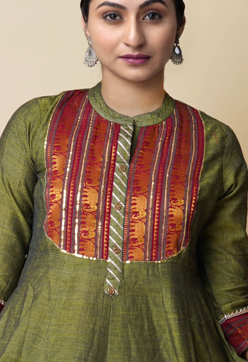 Olive Green Pure Handloom Pavani Narayanpet Cotton Kurta-PKK1921