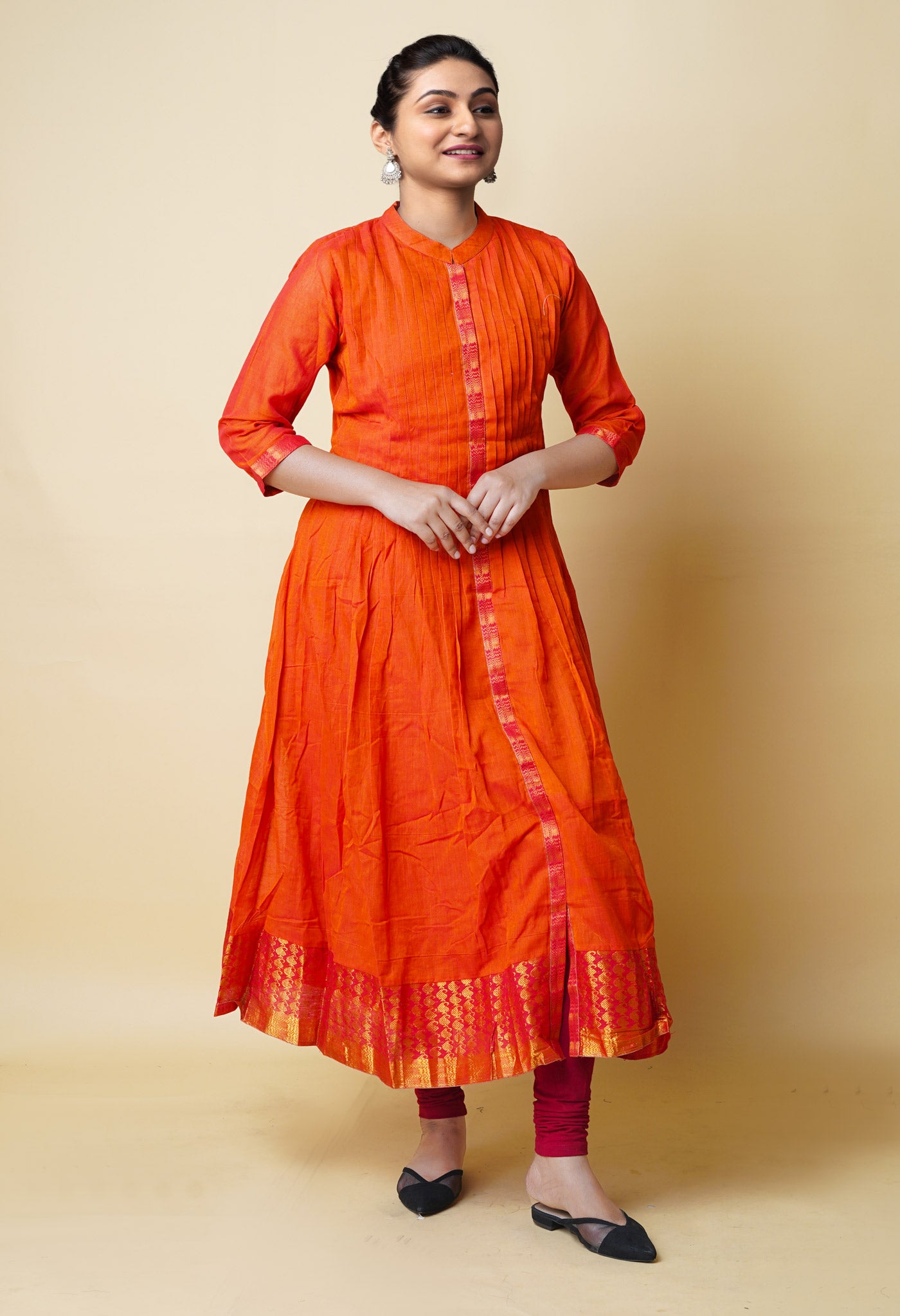 Orange Pure Handloom Pavani Narayanpet Cotton Kurta-PKK1923