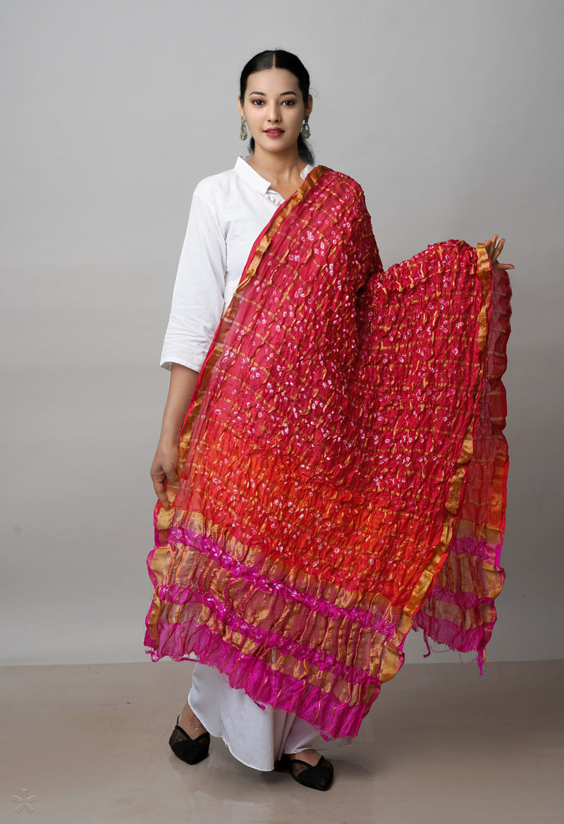 Red-Pink Pure Bandhani Silk Dupatta-UDS3259