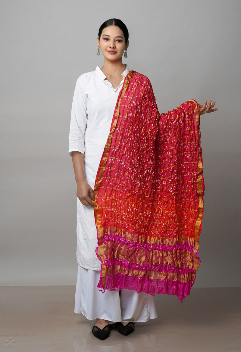 Red-Pink Pure Bandhani Silk Dupatta-UDS3259