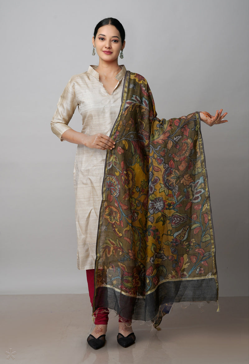 Olive Green Pure Pen Kalamkari Hand Painted Chanderi Cotton Silk Dupatta–UDS4524