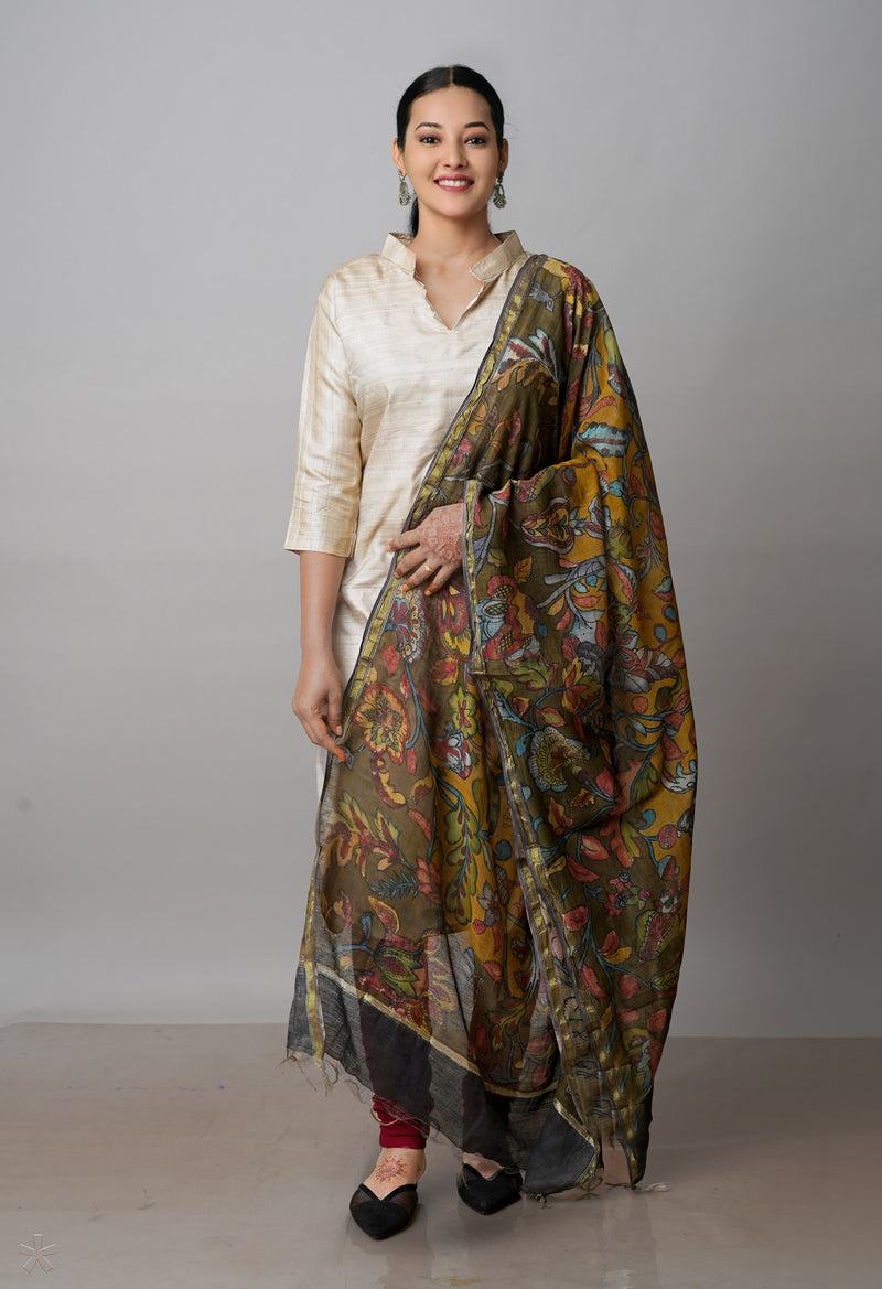 Olive Green Pure Pen Kalamkari Hand Painted Chanderi Cotton Silk Dupatta–UDS4524