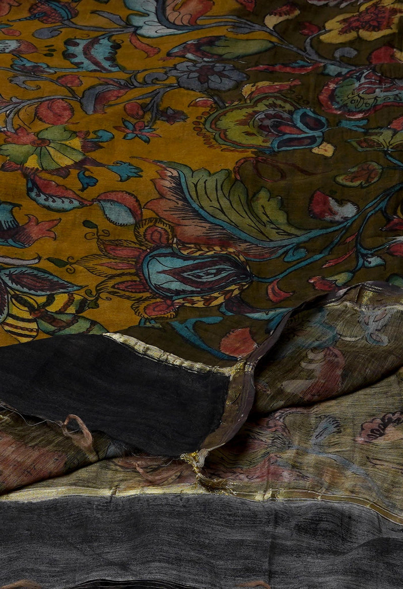 Olive Green Pure Pen Kalamkari Hand Painted Chanderi Cotton Silk Dupatta–UDS4524