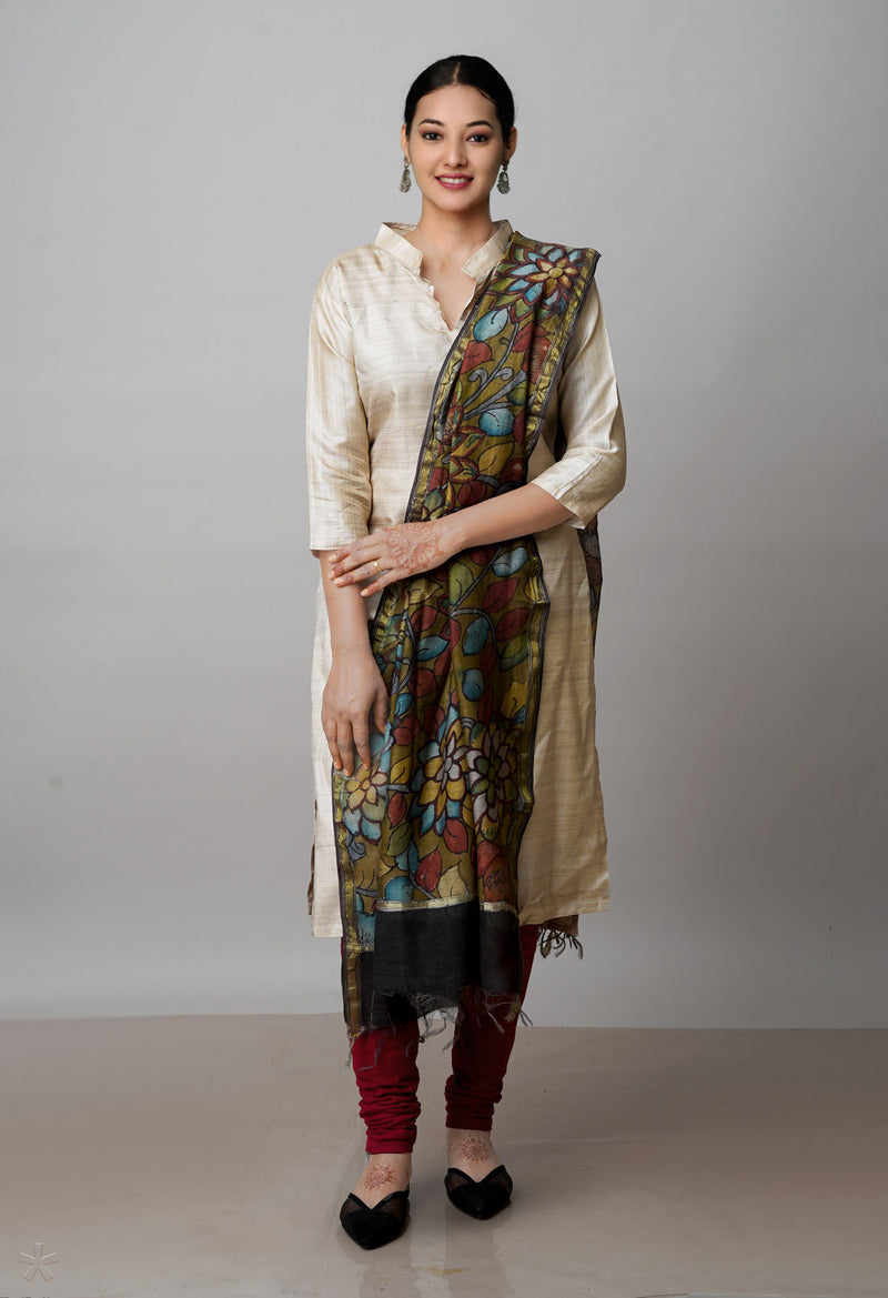 Olive Green Pure Pen Kalamkari Hand Painted Chanderi Cotton Silk Dupatta–UDS4535
