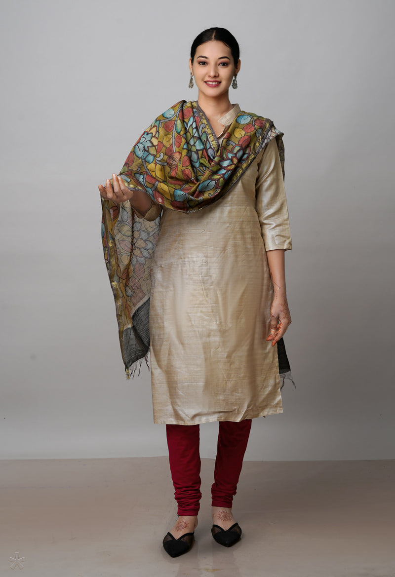 Olive Green Pure Pen Kalamkari Hand Painted Chanderi Cotton Silk Dupatta–UDS4535