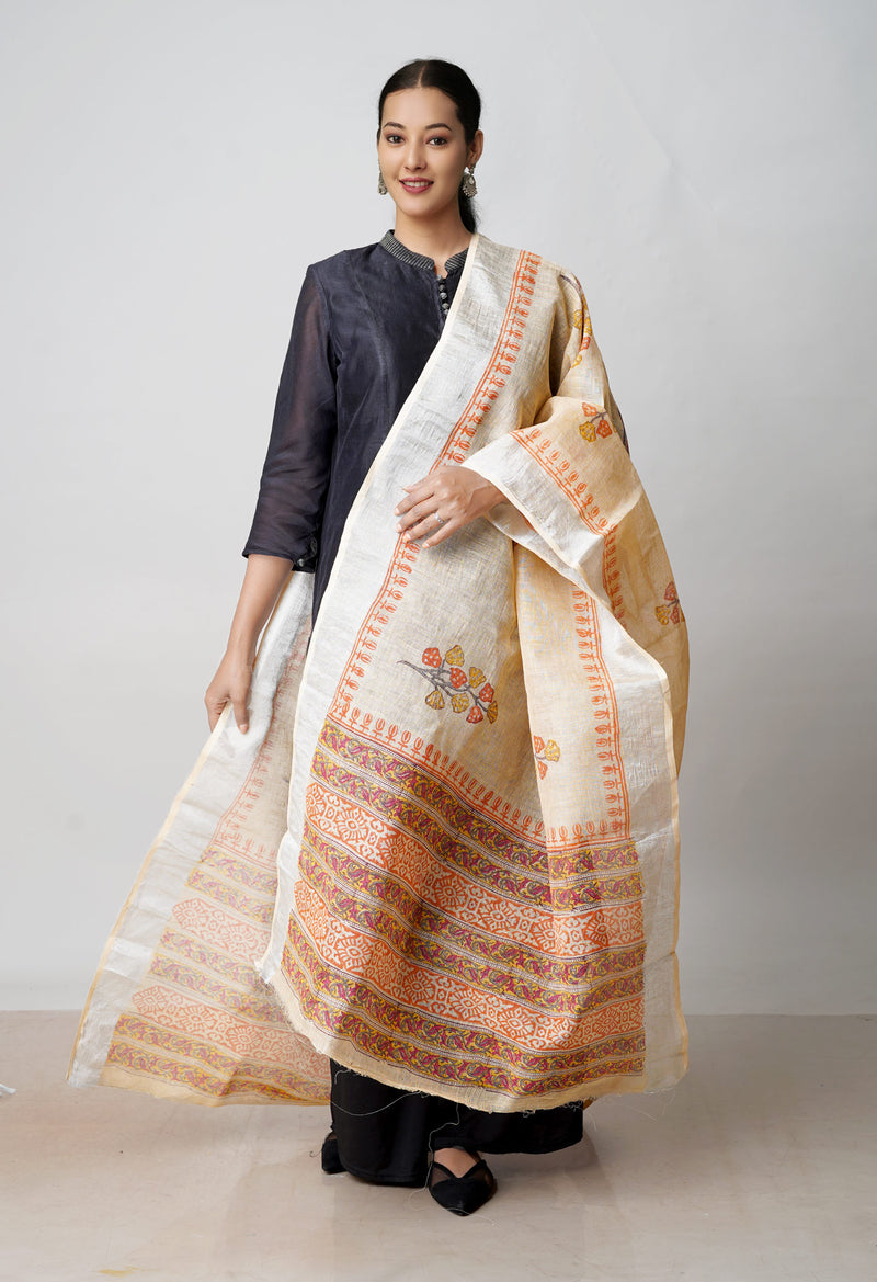 Brown Pure Handloom Jaipuri Hand Block Printed  Linen Dupatta–UDS4546