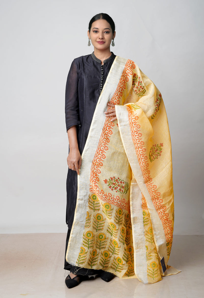 Orange Pure Handloom Jaipuri Hand Block Printed  Linen Dupatta–UDS4547