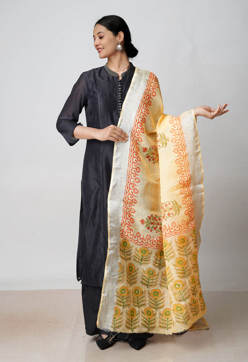 Orange Pure Handloom Jaipuri Hand Block Printed  Linen Dupatta–UDS4547