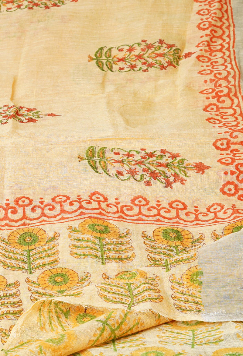 Orange Pure Handloom Jaipuri Hand Block Printed  Linen Dupatta–UDS4547
