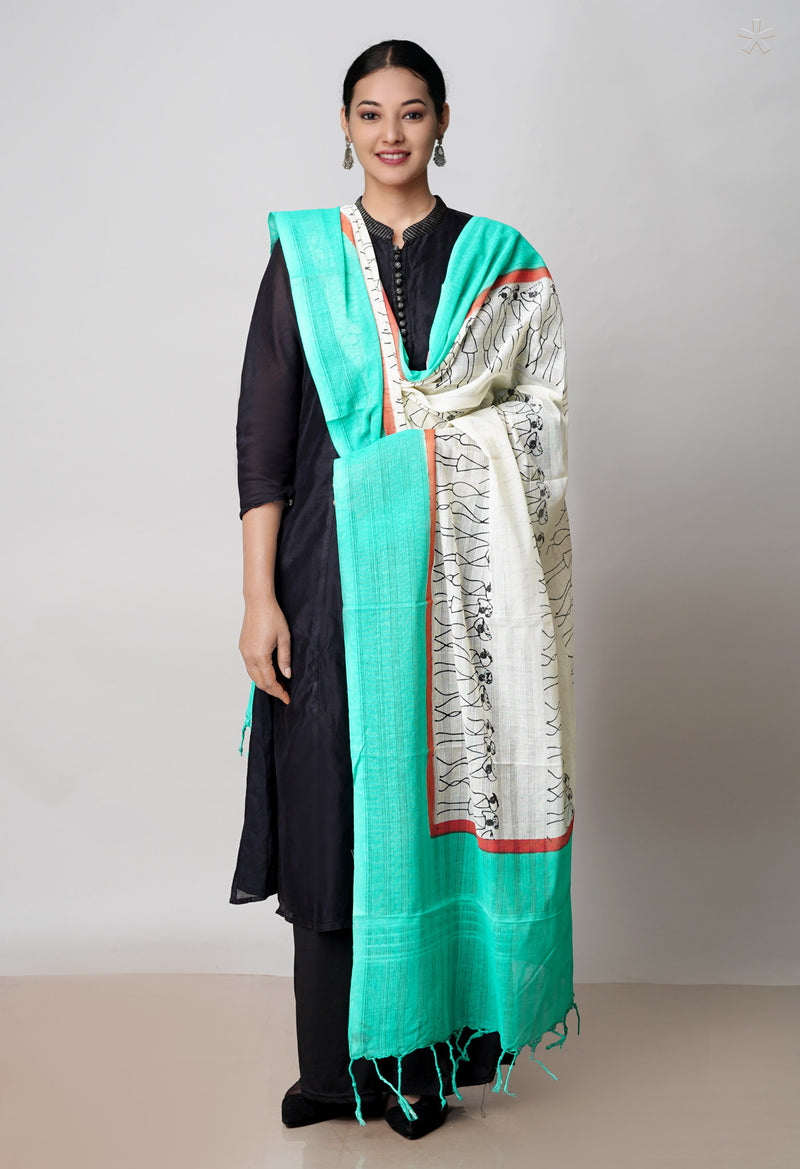 Cream Pure South Hand Block printed Cotton Dupatta–UDS4763