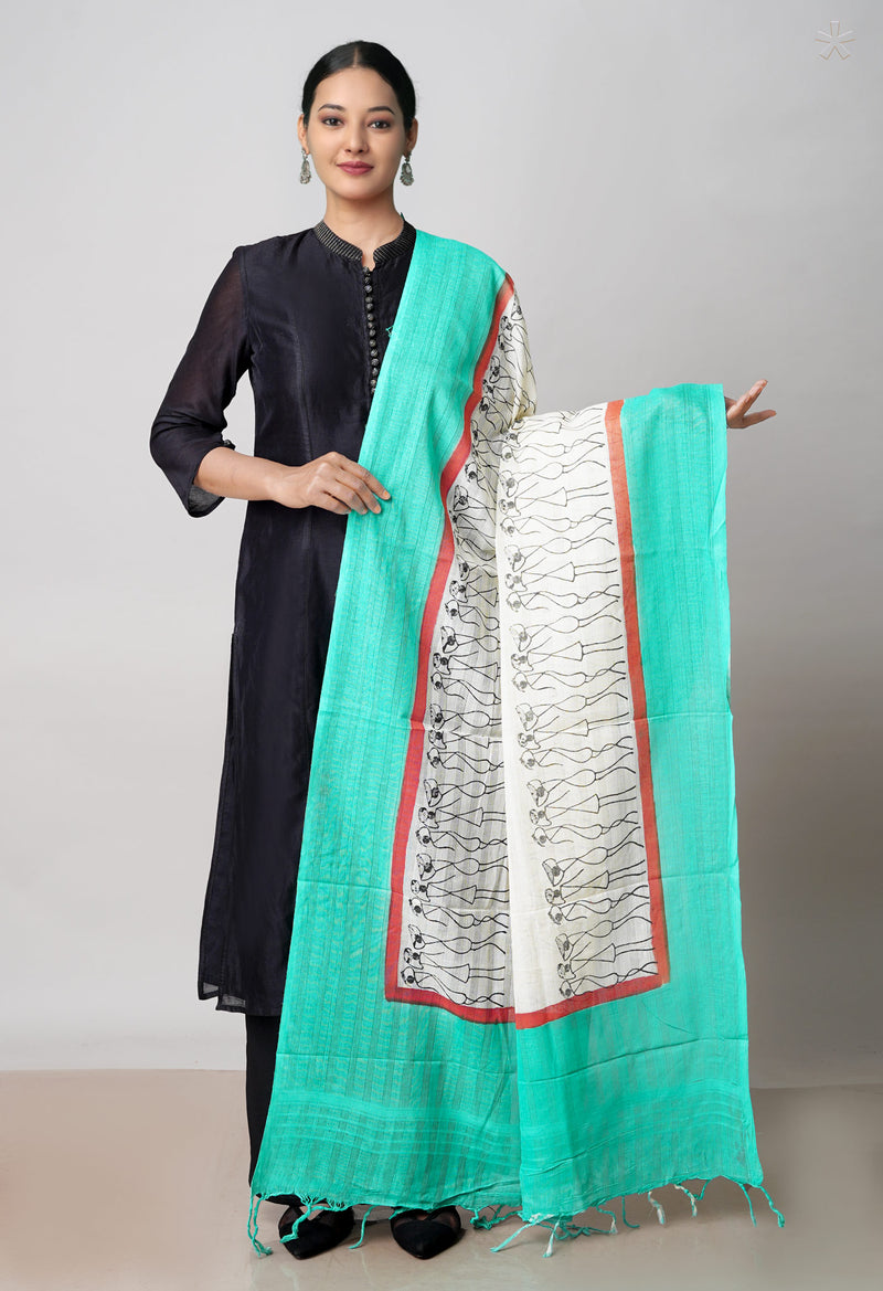 Cream Pure South Hand Block printed Cotton Dupatta–UDS4763