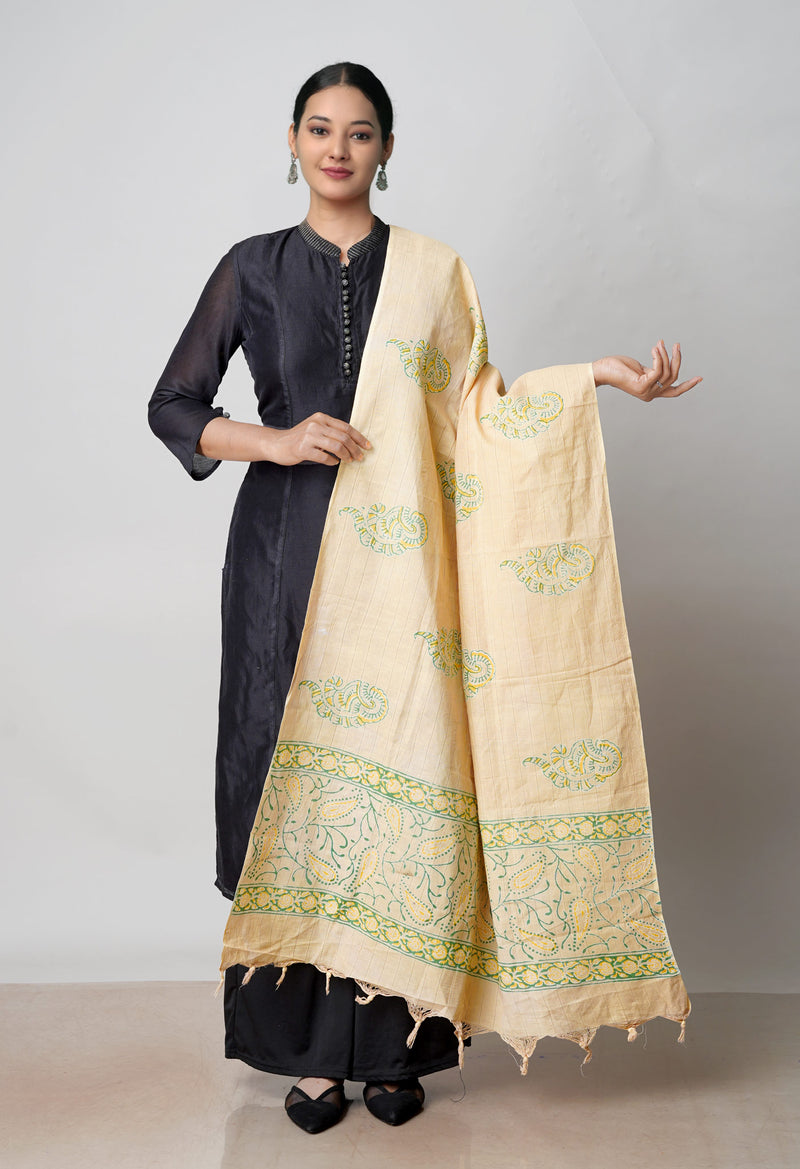 Cream Pure South Hand Block printed Cotton Dupatta–UDS4765