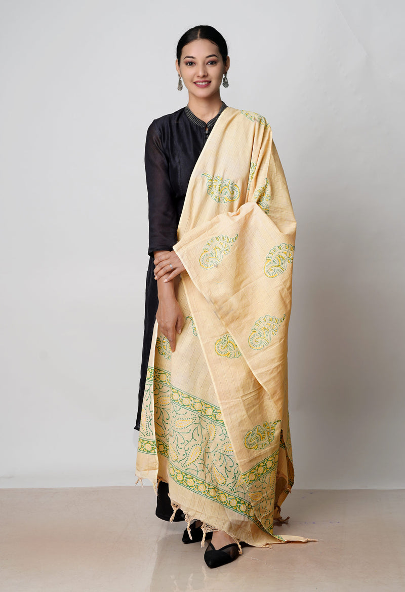 Cream Pure South Hand Block printed Cotton Dupatta–UDS4765