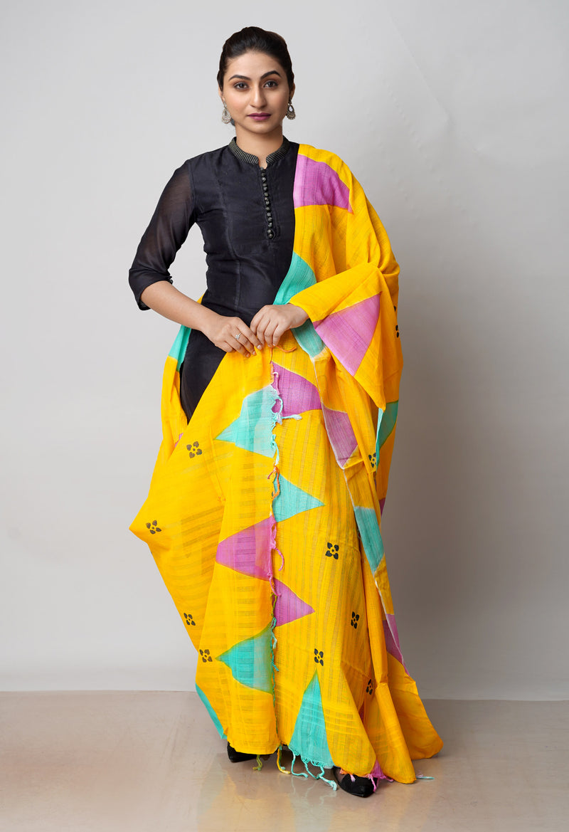 Yellow Pure South Hand Block printed Cotton Dupatta–UDS4770