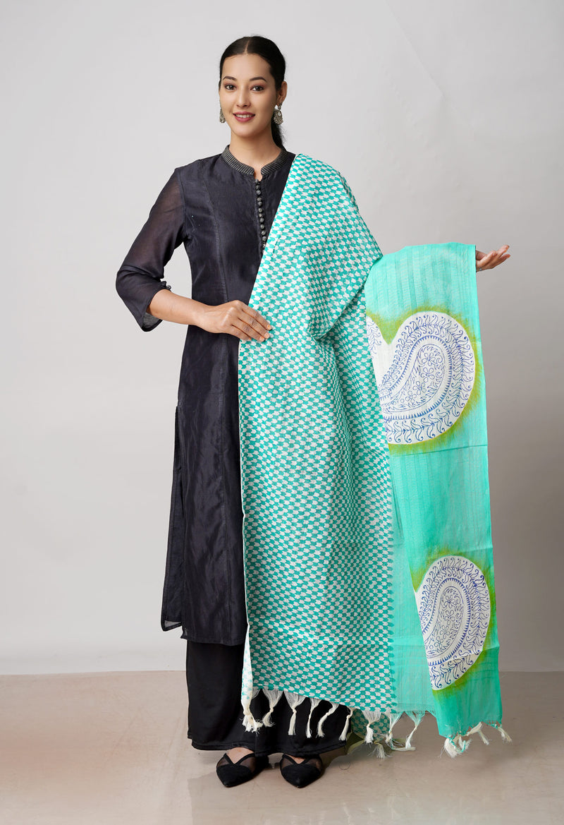 Green Pure South Hand Block printed Cotton Dupatta–UDS4786