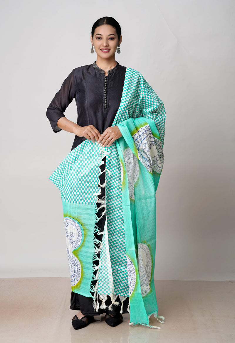 Green Pure South Hand Block printed Cotton Dupatta–UDS4786