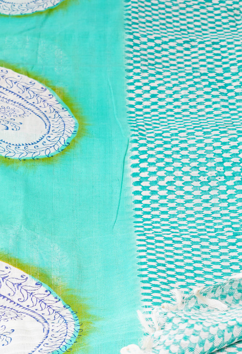 Green Pure South Hand Block printed Cotton Dupatta–UDS4786