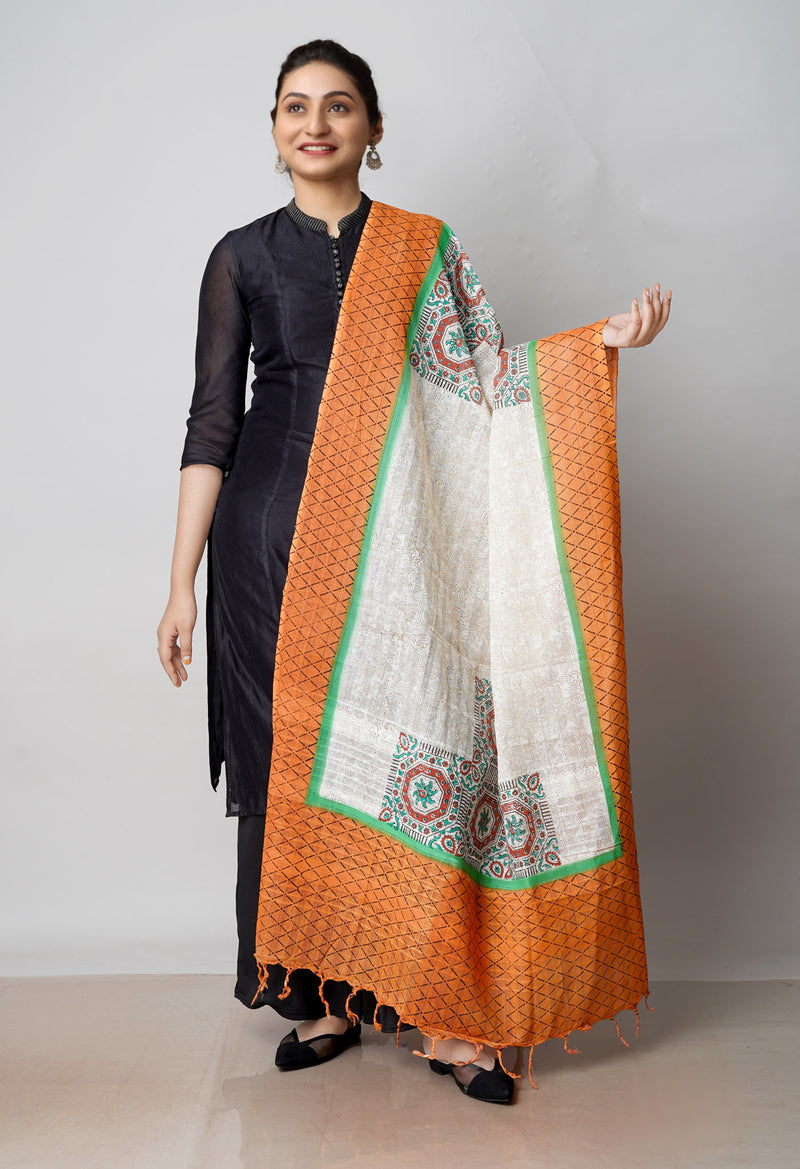 Cream Pure South Hand Block printed Cotton Dupatta–UDS4787