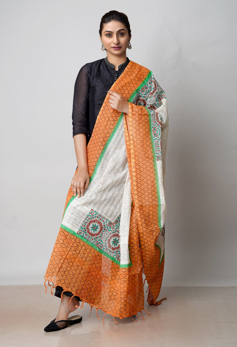 Cream Pure South Hand Block printed Cotton Dupatta–UDS4787