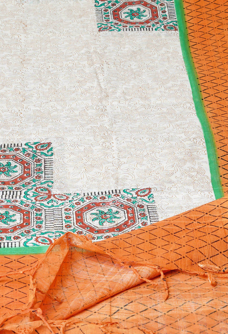 Cream Pure South Hand Block printed Cotton Dupatta–UDS4787