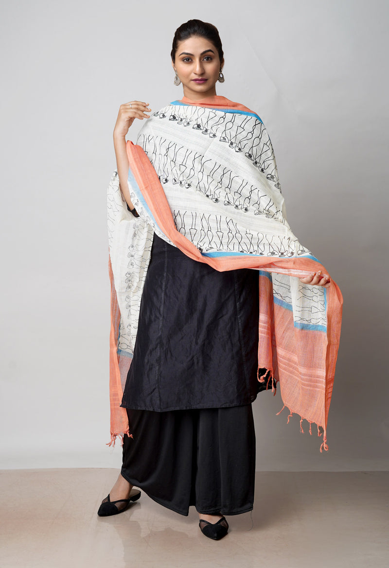 Cream Pure South Hand Block printed Cotton Dupatta–UDS4798
