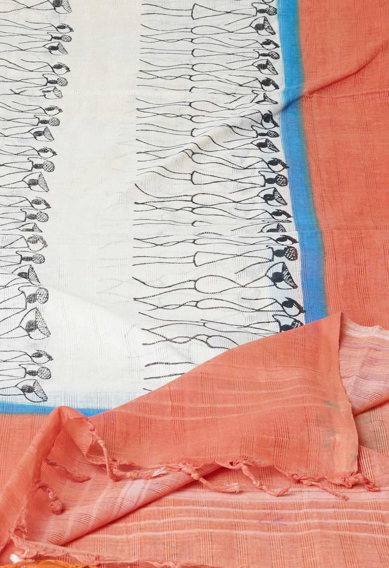 Cream Pure South Hand Block printed Cotton Dupatta–UDS4798