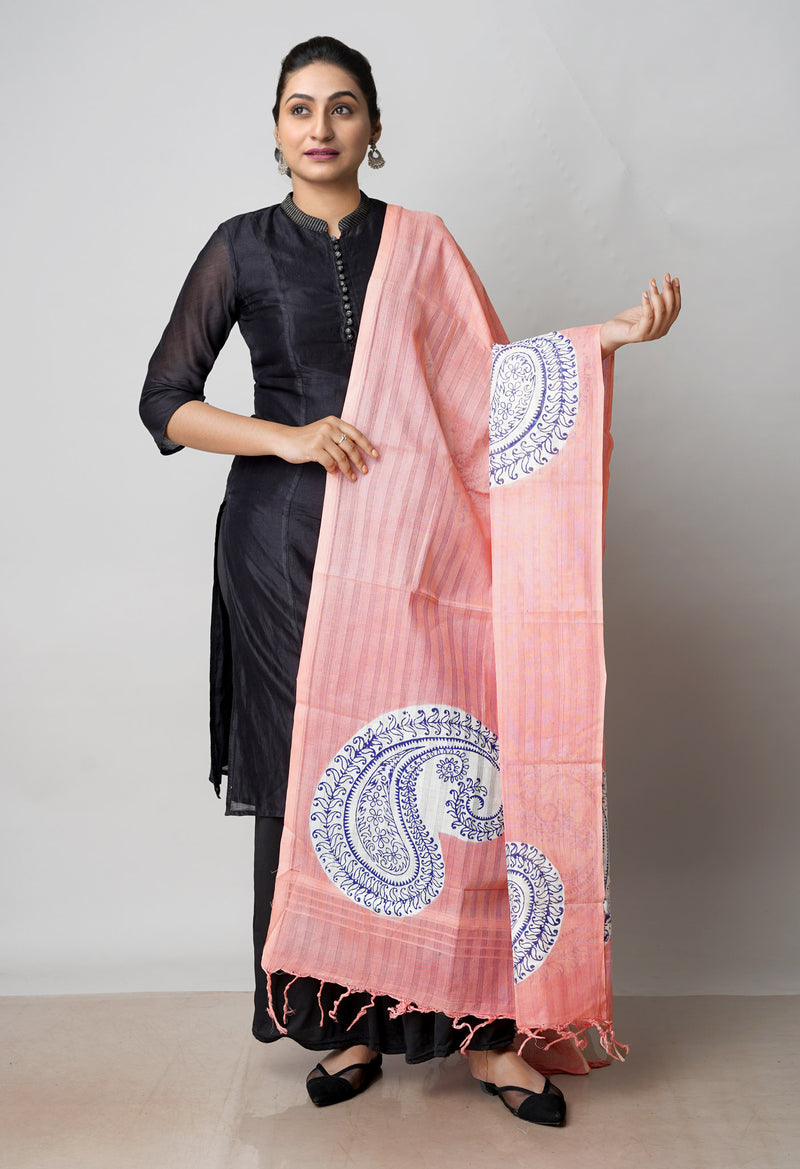 Peach Pink Pure South Hand Block printed Cotton Dupatta–UDS4802