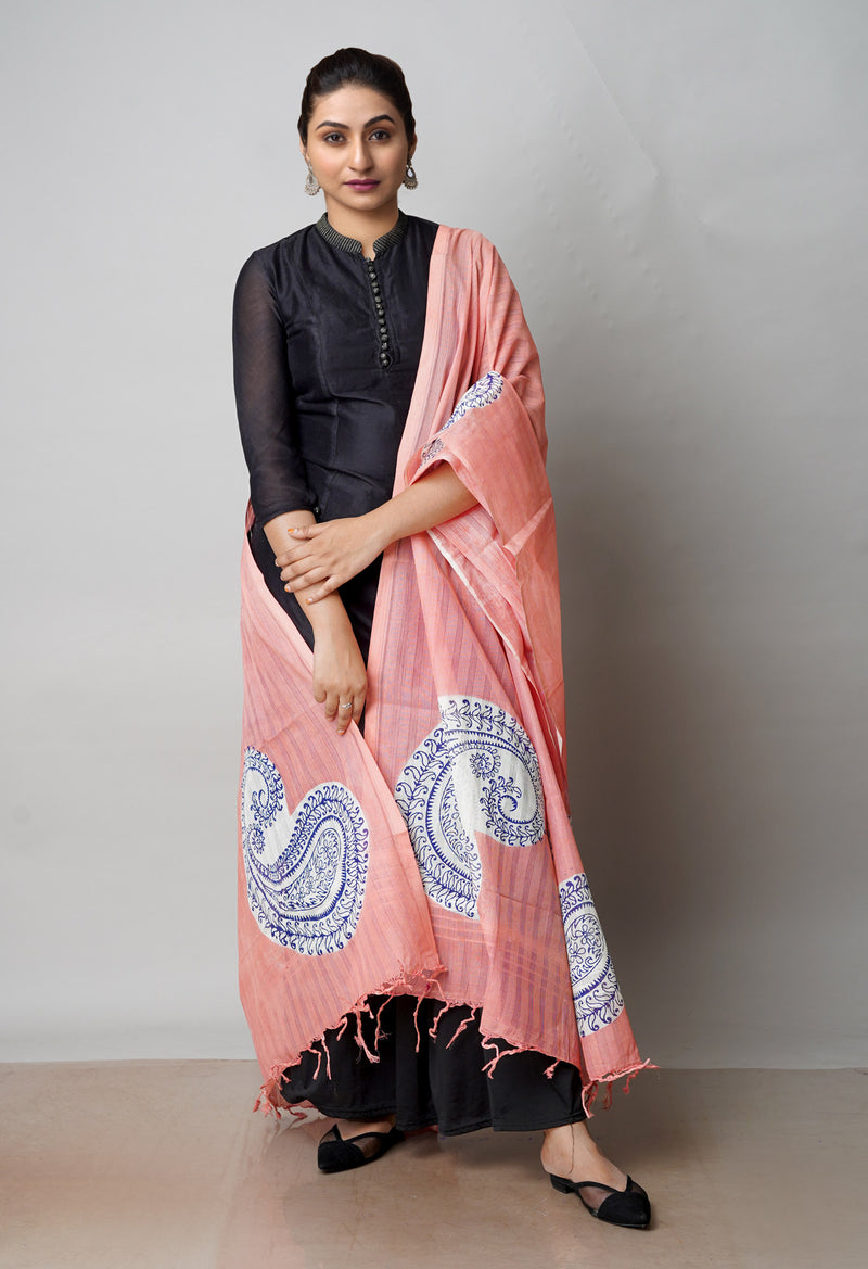 Peach Pink Pure South Hand Block printed Cotton Dupatta–UDS4802