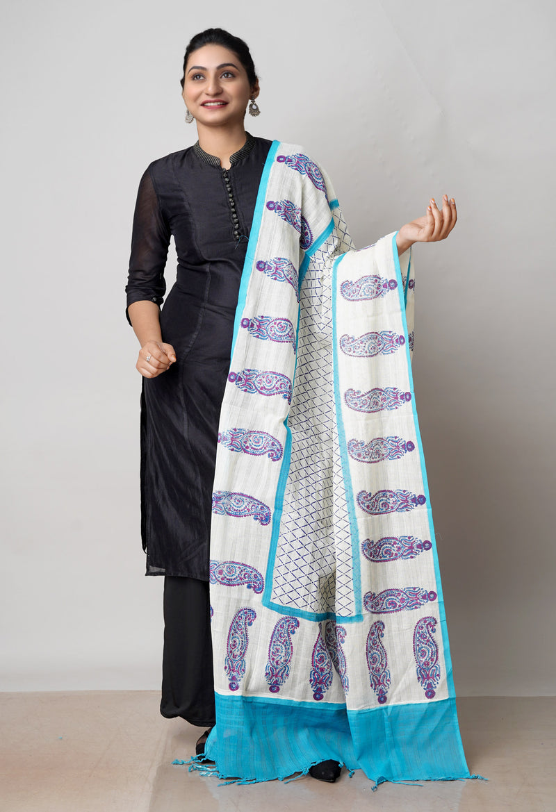 Cream Pure South Hand Block printed Cotton Dupatta–UDS4804