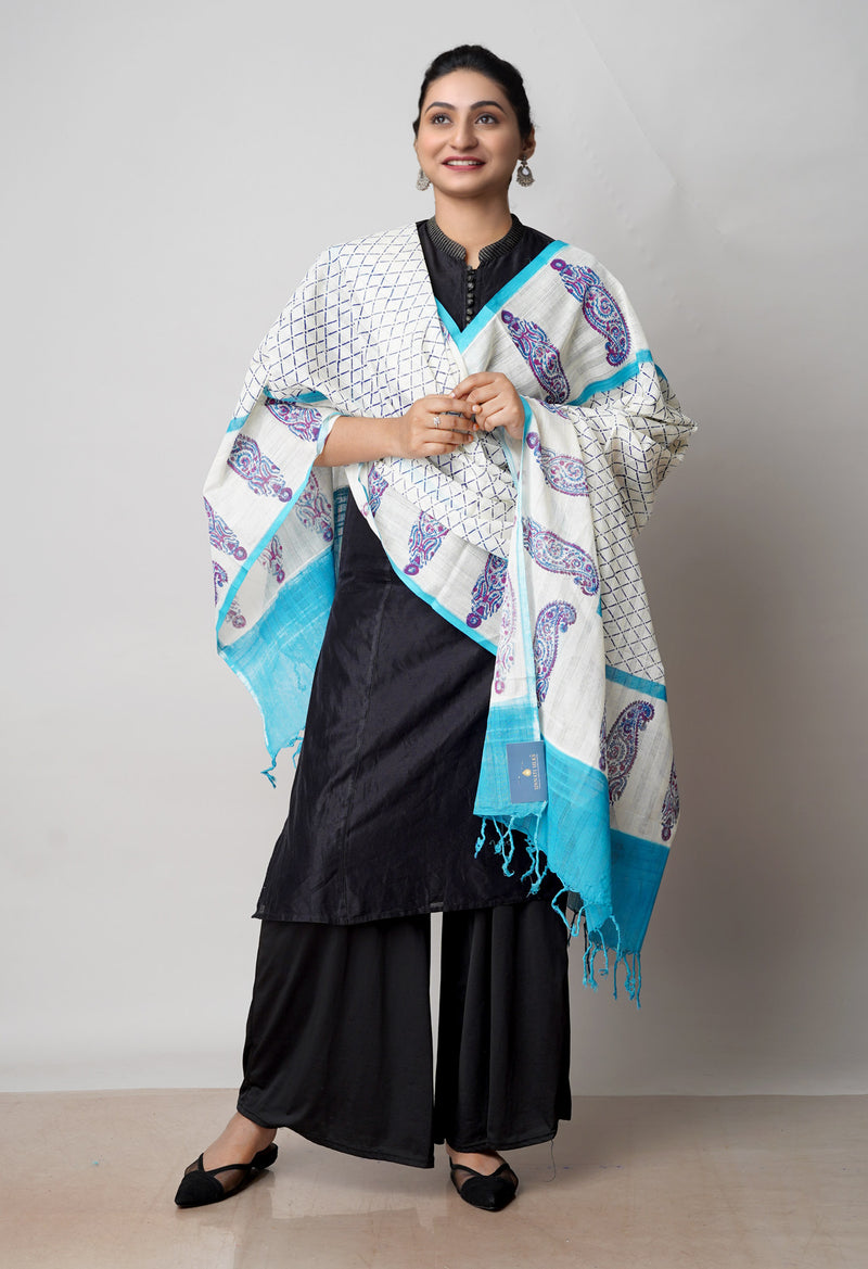 Cream Pure South Hand Block printed Cotton Dupatta–UDS4804