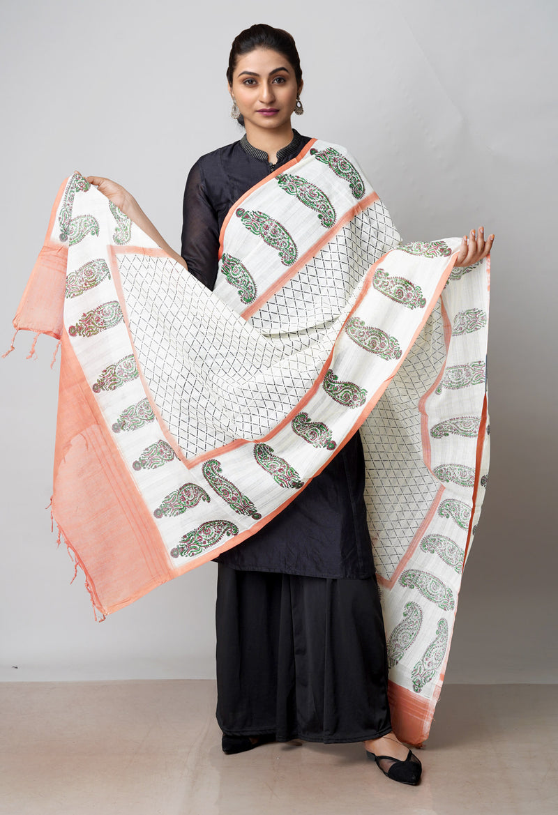 Cream Pure South Hand Block printed Cotton Dupatta–UDS4806