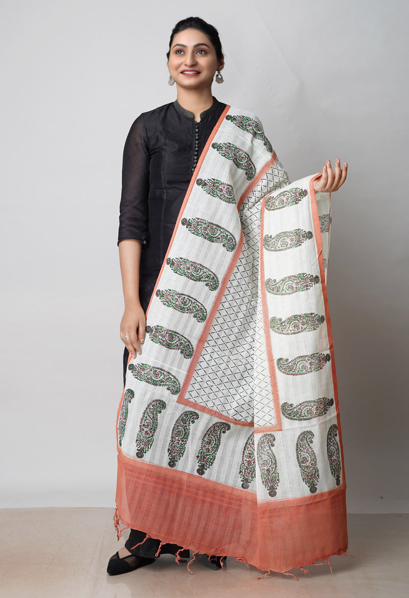 Cream Pure South Hand Block printed Cotton Dupatta–UDS4806