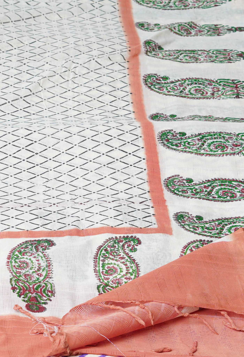 Cream Pure South Hand Block printed Cotton Dupatta–UDS4806