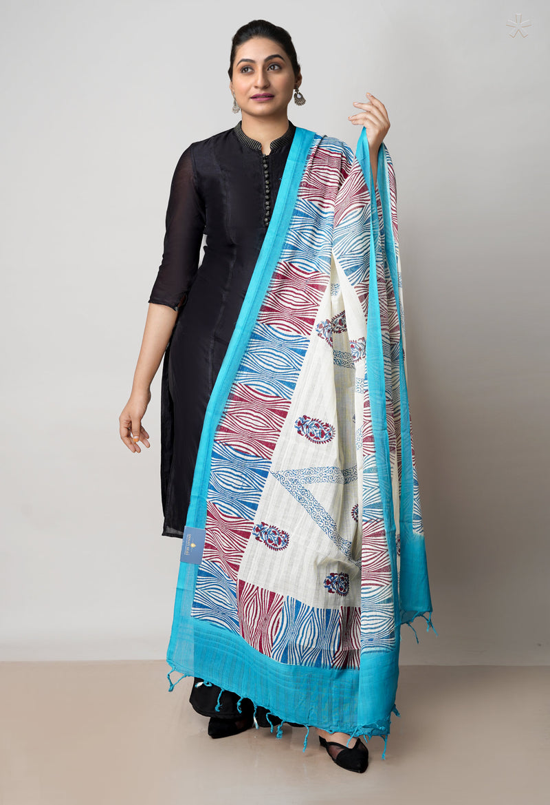 Cream Pure South Hand Block printed Cotton Dupatta–UDS4808