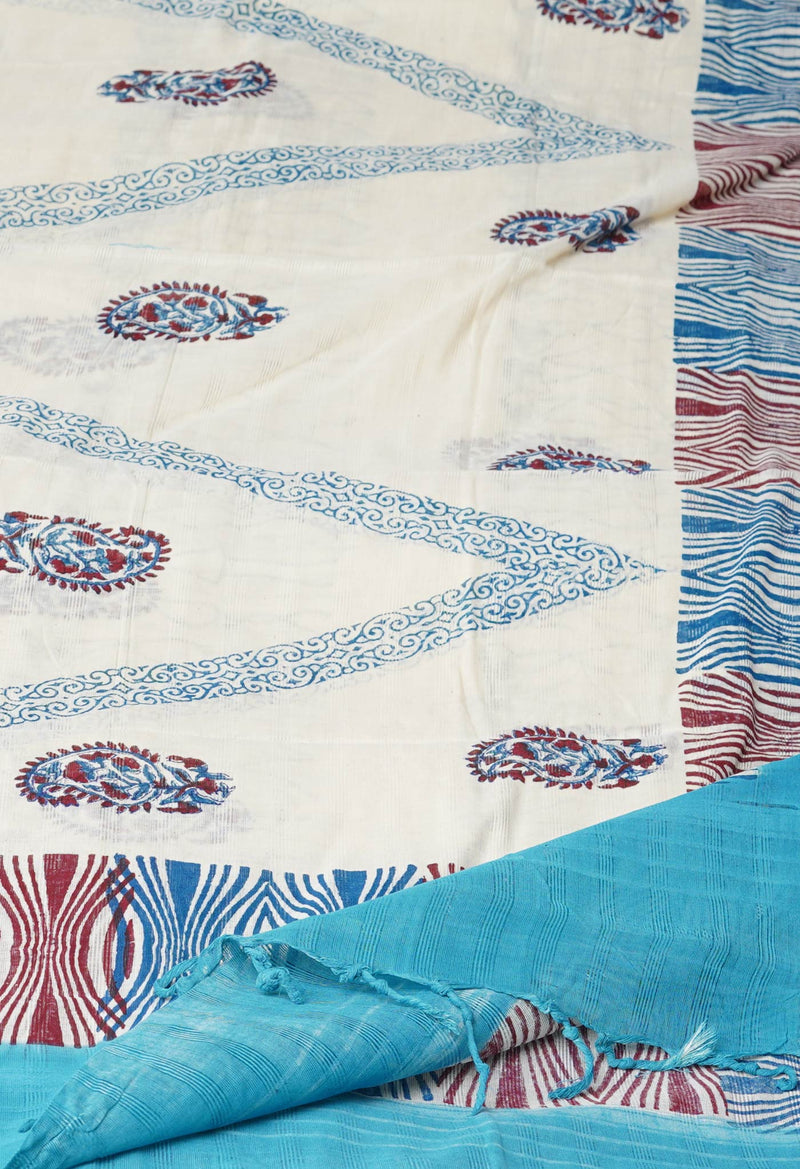 Cream Pure South Hand Block printed Cotton Dupatta–UDS4808