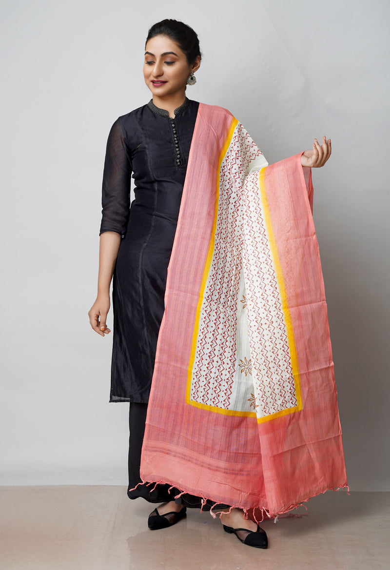 Cream Pure South Hand Block printed Cotton Dupatta–UDS4809