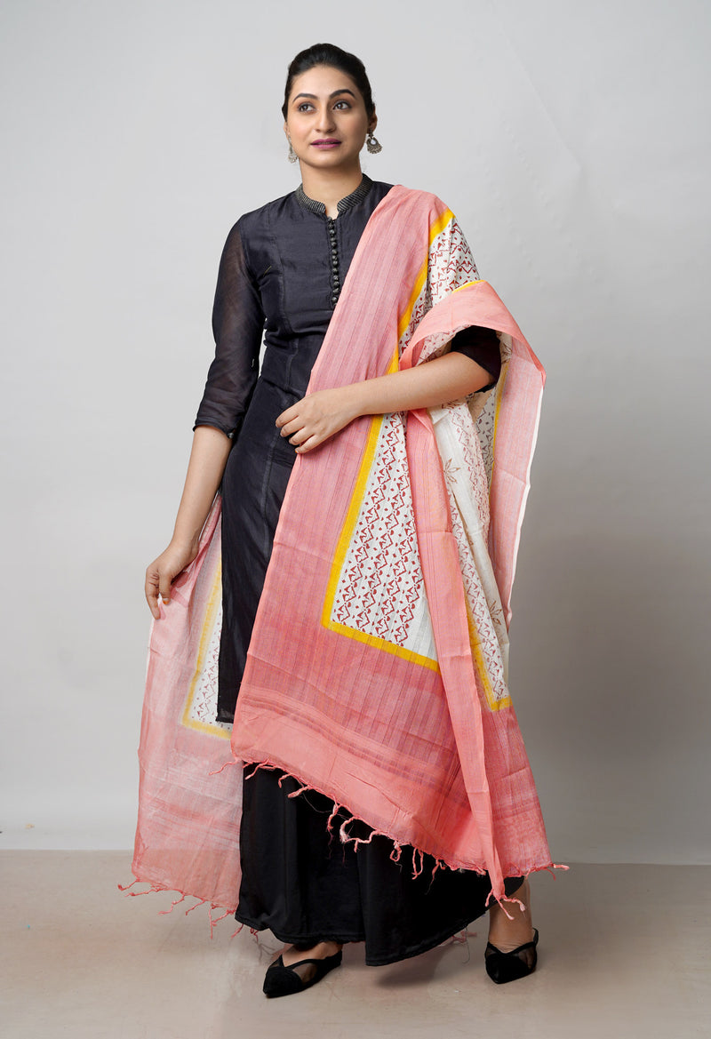 Cream Pure South Hand Block printed Cotton Dupatta–UDS4809
